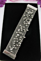 Rhinestones &amp; Beads Dangle Bracelet Vintage Metalmesh Silvertone 7.25&quot; X 1.5&quot; - £17.40 GBP