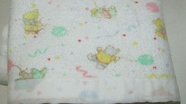 Vintage baby blanket pink green blue pastel bears balloons white nylon trim  - £32.68 GBP