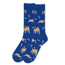 Parquet Men&#39;s Fun Crew Socks Shoe Size 6-12.5 Pug Dog Bones Blue Novelty New - $11.60