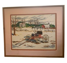 Vintage Framed Snowy Countryside Red Barn Farm House Wagon needlepoint Art - $54.42