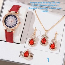 Birthday Gift Set, Diamond Watch + Bracelet + Earrings + Ring for Ladies - $931.36 MXN