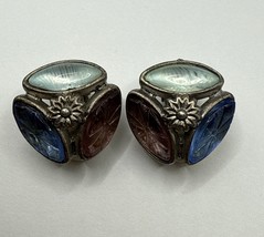 Vintage Kate Hines Clip-on Earrings Tri-Color Red Blue Teal Glass Signed - $29.65
