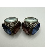 Vintage Kate Hines Clip-on Earrings Tri-Color Red Blue Teal Glass Signed - $29.65