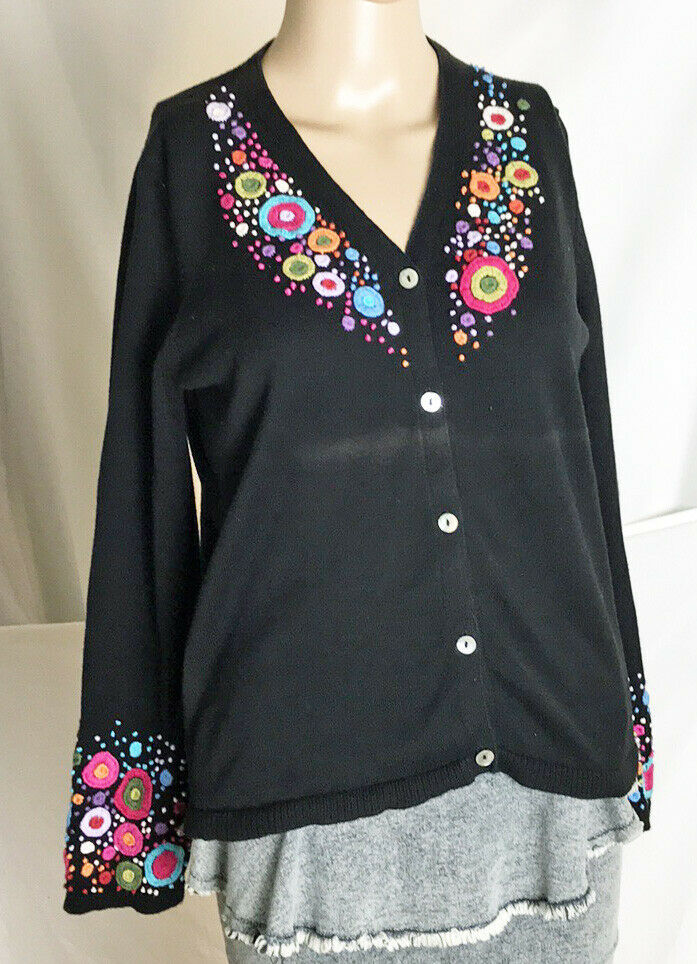 Primary image for mfaboston Women's Embroidered Cardigan Sweater Size 8 Black 100% Cotton
