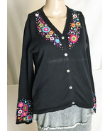 mfaboston Women&#39;s Embroidered Cardigan Sweater Size 8 Black 100% Cotton - £13.94 GBP