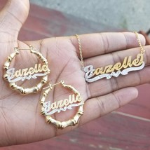 Personalized 14k Gold Overlay Name hoop Earrings Bamboo and chain set 1 ... - $49.99