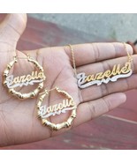 Personalized 14k Gold Overlay Name hoop Earrings Bamboo and chain set 1 ... - $951.78 MXN