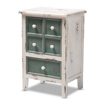 Antique Storage Cabinet French Country Cottage Distressed White &amp;Teal 5-Drawer - £176.35 GBP