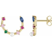 14k Yellow Gold Cultured Freshwater Pearl and Multi-Gemstone Hoop Earrings - £716.96 GBP