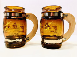 Vintage 1960’s Fiesta Ware Florida Souvenir Wooden Handle Amber Glass Beer Mugs - £11.54 GBP