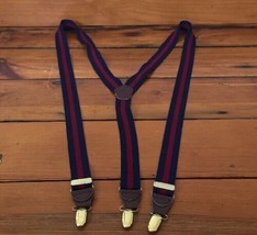 Vintage Marc Lewis Adjustable Red Blue Striped Polyester Braces Suspenders - £15.72 GBP