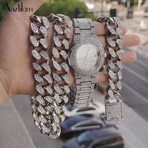 Anztilam Bling Iced Out Cuban Chain Set Necklace &amp; Watch &amp; Bracelet Paved Rhines - £41.04 GBP