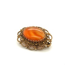 Vintage Sterling Signed 925 Rare Carnelian Agate Gold Gilt Cabochon Brooch Pin - £42.88 GBP