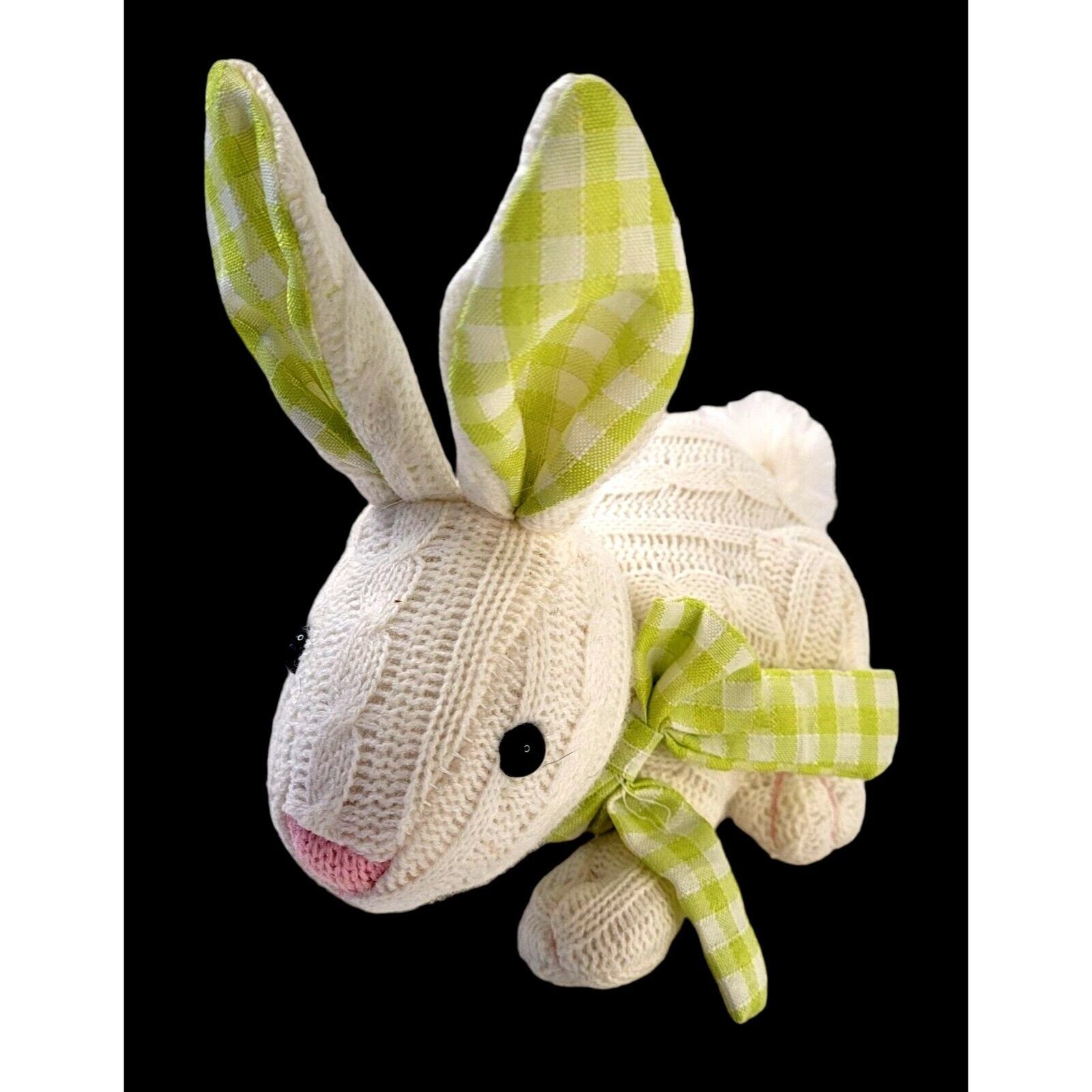 Kids of America Bunny Rabbit 8" White Cable Knit Green Gingham Ears Bow Easter - £8.07 GBP