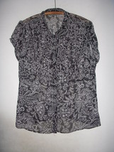 Black White Floral Print Semi Sheer Button Tunic Blouse XL  dark academia Goth - £7.78 GBP