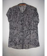 Black White Floral Print Semi Sheer Button Tunic Blouse XL  dark academi... - £7.82 GBP