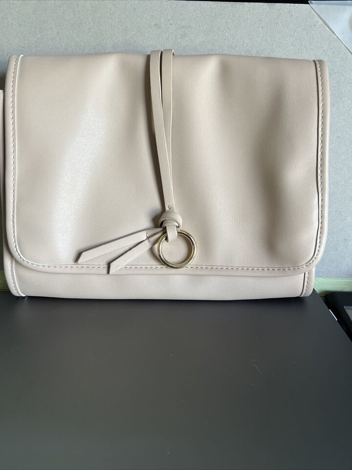 Lancome Faux Leather Tri - Fold Cosmetic Makeup Bag Train Case  ~ Nude/Tan - $7.38