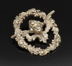 925 Silver - Vintage Antique Baby Angel Cutout Flower Wreath Brooch Pin ... - £44.18 GBP