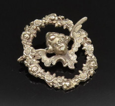 925 Silver - Vintage Antique Baby Angel Cutout Flower Wreath Brooch Pin ... - £43.97 GBP