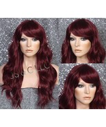 Human hair Blend Wig BurgundyLong Wavy Center Dot Crown Bangs Heat Ok Light Wig - $79.95