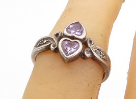 AVON 925 Silver - Vintage Amethyst &amp; Marcasite Hearts Band Ring Sz 6 - RG4843 - £30.97 GBP