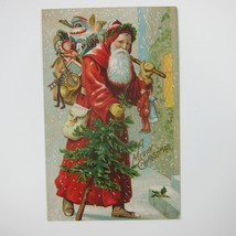 Christmas Postcard Old World Santa Bag Toys Tree Window Embossed Antique 1908 - £15.61 GBP