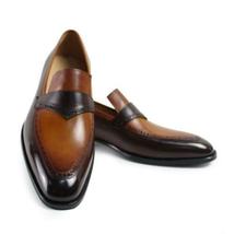 Men Two Tone Black Brown Moccasin Loafer Slip On Formal Dress Real Leather Shoes - £118.51 GBP+