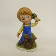 Porcelain Figurine With Boy in overalls and a Squirrel, Vintage 4.25&quot; tall WHJGM - £4.79 GBP