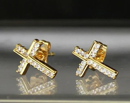1.20Ct Round Cut Simulated Moissanite Cross Stud Earrings 14K Yellow Gold Plated - £52.30 GBP