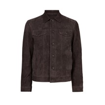 John Varvatos Collection Men's Brandon Leather Trucker Pockets Jacket Licorice - £314.57 GBP