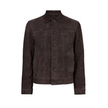 John Varvatos Collection Men's Brandon Leather Trucker Pockets Jacket Licorice - £315.49 GBP