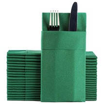 Green Dinner Napkins Cloth Like With Built-In Flatware Pocket, Linen-Fee... - £39.08 GBP