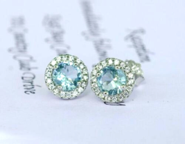 Gift 2Ct Round Brilliant Lab-Created Aquamarine Halo Stud Earrings in 925 Silver - £101.56 GBP