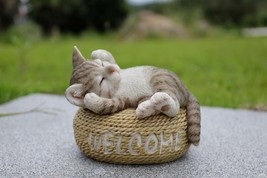 Cat with Welcome Sign -Grey-Garden Statue, Garden Decoration, Home Decor - £26.53 GBP