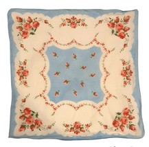 11&quot; Square Vintage Hankie Handkerchief Blue Pink Red Roses - £10.22 GBP