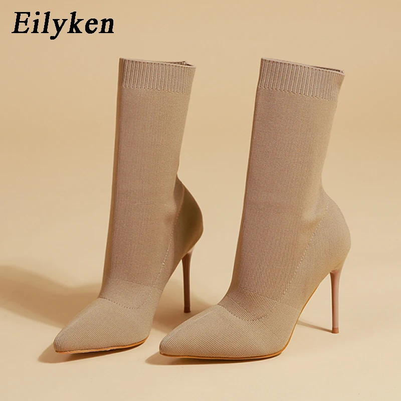Eilyken 2024 Fashion Knitting Stretch Fabric So Ankle Women Boots Pointed Toe Sh - £184.80 GBP