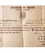 1932 Certificate Of Health Thomaston Maine Seven 7 Point Child Ephemera ... - $377.23 MXN