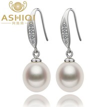 ASHIQI Vintage Natural Freshwater  Drop Earrings 925 Silver Zircon Wedding jewel - £17.88 GBP