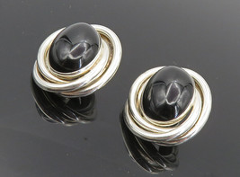 PETER BRAMS 925 Silver - Vintage Black Onyx Shiny Non Pierce Earrings - EG4521 - £45.79 GBP