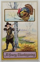 Thanksgiving Greetings Pilgrim Hunting Turkey Gilded Postcard S16 - £5.98 GBP