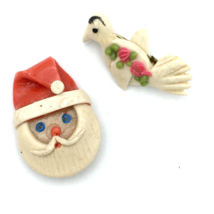 QUIRKY hand-crafted Christmas brooches - artisan-made Santa and dove w/ ... - $20.00