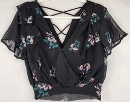 Code Mode Shirt Womens Small Black Floral Print V Neck Low Cut Flutter S... - £17.25 GBP