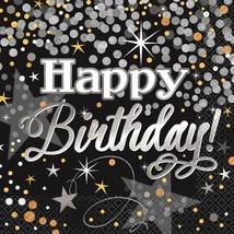 Happy Birthday Foil Stamp Style Silver Black Lunch Napkins 16 Per Package - $3.25