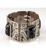 Mid Century Plateria FARFAN Sterling Silver Onyx Wide Panel Bracelet 7.25&quot; - $539.07