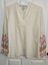 Chicos Womens Top Embroidered Chevron Ivory Balloon Sleeve Button Cuffs Sz S - £18.34 GBP