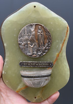 ⭐Antique French holy water font  w Lourdes medal on green onyx  ,ex voto - £38.87 GBP
