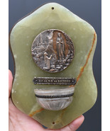 ⭐Antique French holy water font  w Lourdes medal on green onyx  ,ex voto - £38.10 GBP