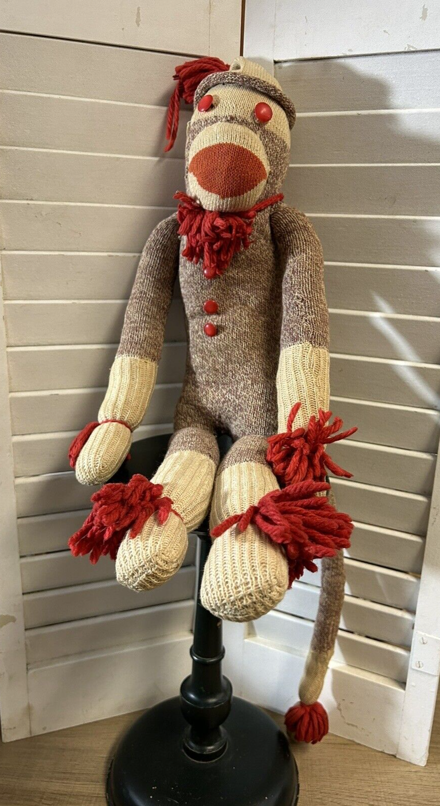 True vintage sock monkey old red buttons primitive make-do doll 1940s/50s - $27.72