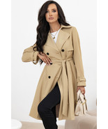 Pale Khaki Solid Color Lapel Collar Waist Tie Wind Coat - $970.10 MXN