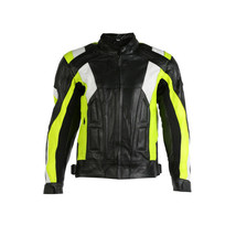 Men Three Tone Black Yellow White Motorcycle Genuine Leather Safety Pads jacket - £117.95 GBP